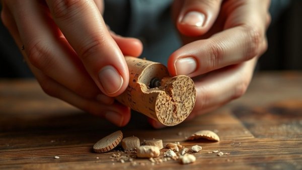 Close-up of handling a broken wine cork with a corkscrew.