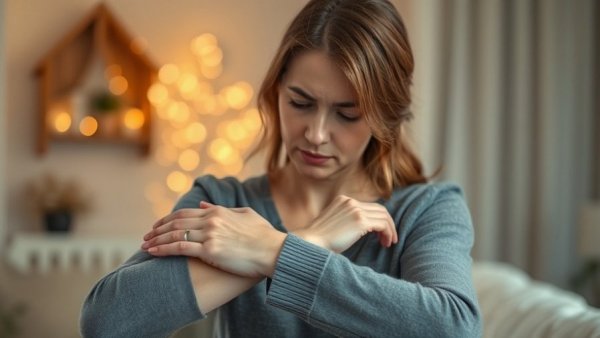 Woman examining forearm for stress-induced skin conditions.