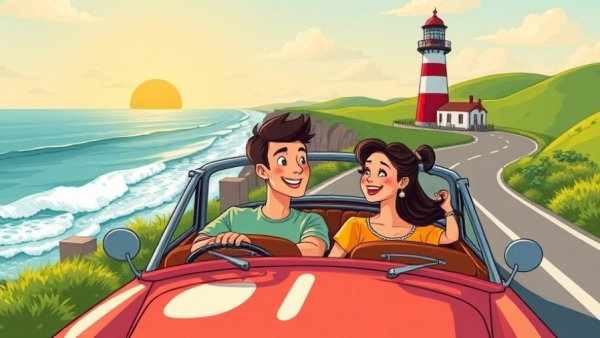 Illustrated couple driving by lighthouse, cartoon style, Marriage First Aid Kit.