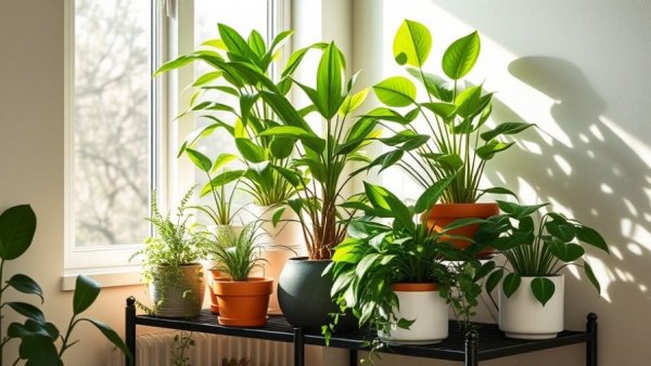 Lush indoor plant display with vibrant greenery in warm natural light.