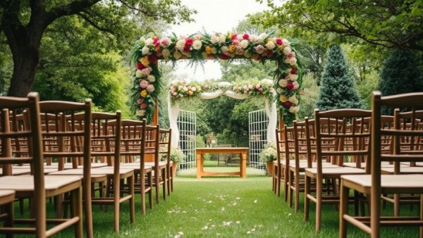 Elegant outdoor wedding setup with wooden chairs and floral arch
