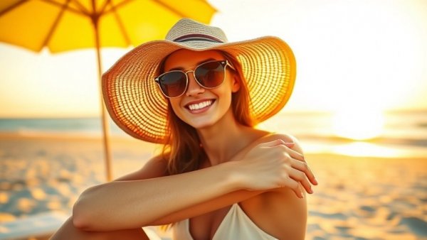 Woman applying sunscreen with bemotrizinol at sunset on beach