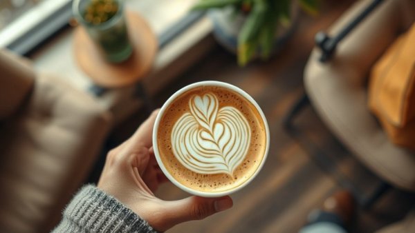 Hands holding cappuccino with latte art at home.