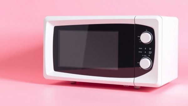 Modern white microwave on a gradient pink background.