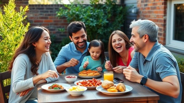 Family meal outdoors highlights benefits of spending time with family.