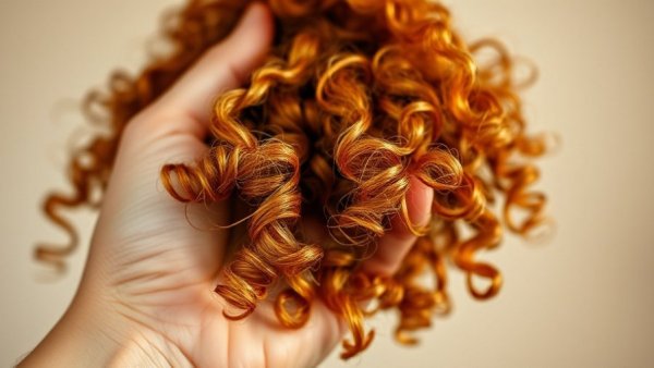 Close-up of hand holding curly ginger hair texture, highlighting frizz.