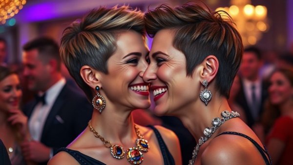 Elegant woman with bixie hairstyle at a summer evening event