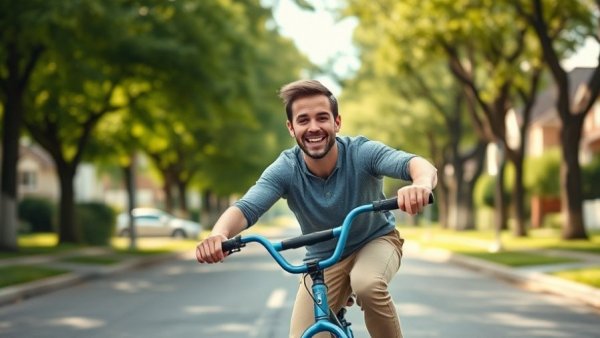 Dad Effect: Joyful dad teaching son to ride a bike in nature.