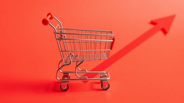 Minimalistic shopping cart on upward red graph symbolizing grocery shopping mistakes.