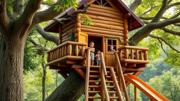 Charming treehouse ideas for kids with children playing inside.