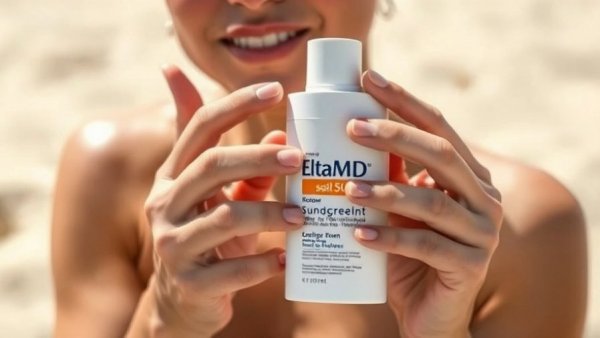 EltaMD sunscreen for redness control used on skin on a sunny beach day.
