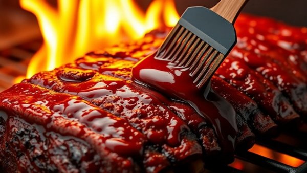 Homemade barbecue sauce glazed on ribs over flames.