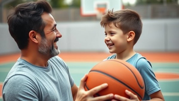 Father and son bonding with basketball, parenting motivation ad.