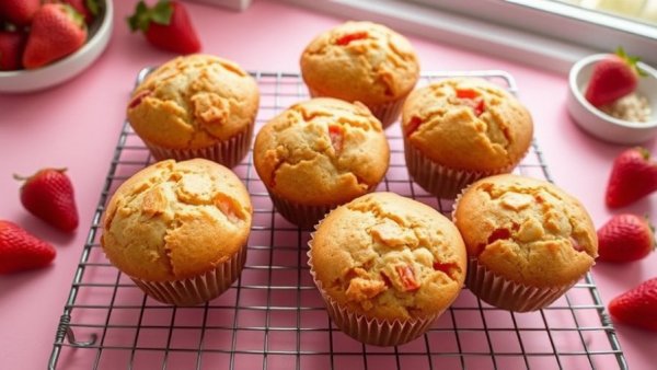 Freshly baked strawberry muffins cooling on a rack.