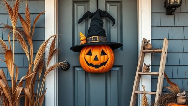 Vintage-inspired Halloween decoration on a door