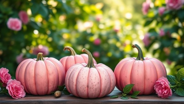 Pink Halloween decor trend with pumpkins and flowers outdoors