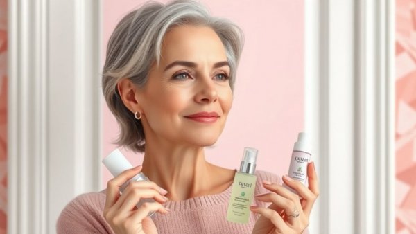 Skincare over 40: Woman with skincare products on abstract background.