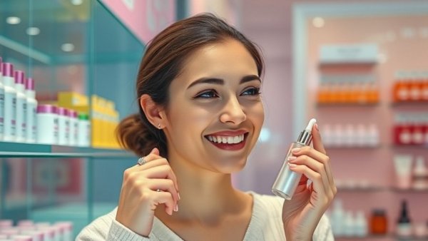 Woman applying serum with best hyaluronic acid serums around her.