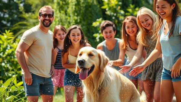 Family washing dog in garden, conveying cooperation and joy