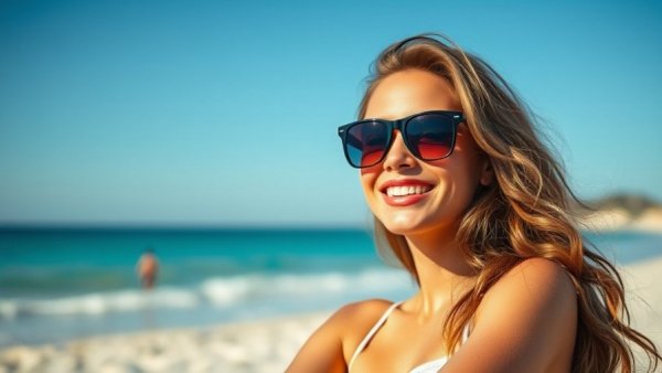 Young woman showcasing easy ways to get beachy waves in her hair at the beach.