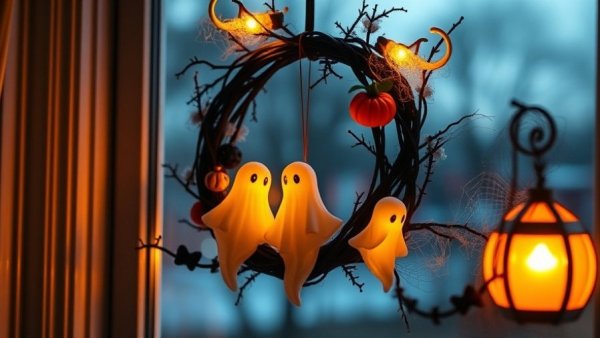 Ghost-themed Halloween wreath idea with glowing figures.