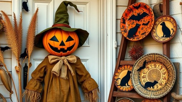 Vintage-inspired Halloween decorations with scarecrow and themed plates.