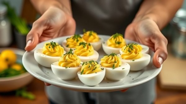 Delicious deviled eggs with garnish on platter for hosting.
