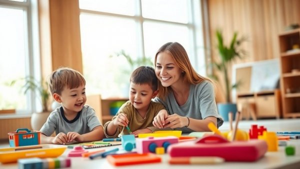 Engaging in learning activities with children in a bright classroom.