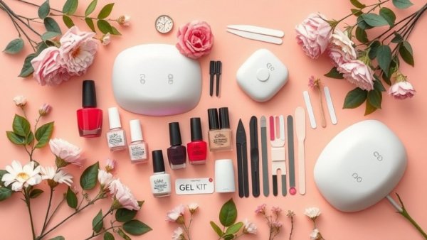 Best At-Home Gel Nail Kits with tools and flowers on peach.