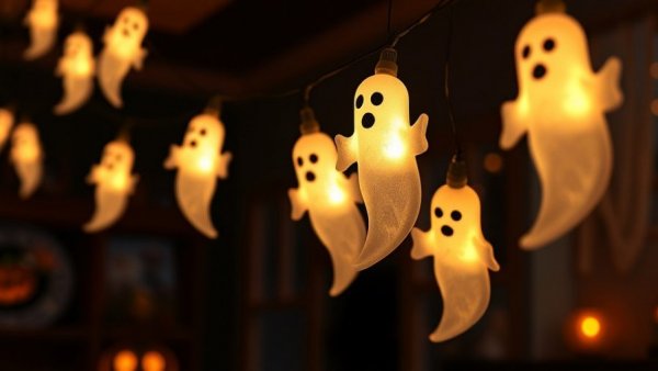 Ghost-themed Halloween string lights glowing warmly indoors.