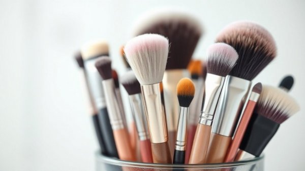 Variety of clean makeup brushes in a holder.