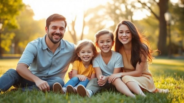 Smiling family sitting on grass, helping the foster care community theme.