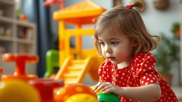 Young girl with toys, representing toy overload, indoor play scene.