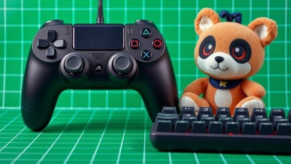 Gifts for gamers including a controller, plush, and keypad on a green background.