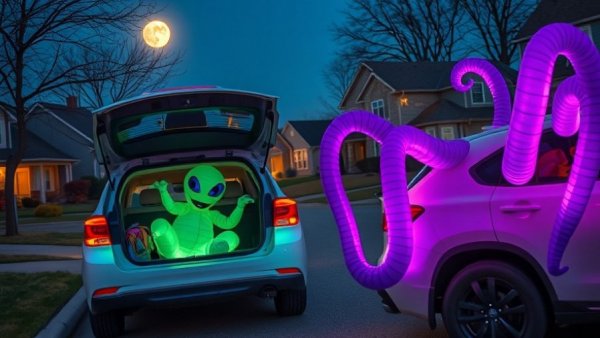 Trunk-or-treat decorations: inflatable alien and tentacles on cars