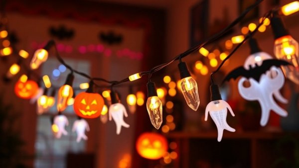 Vibrant Halloween string lights illuminating festive decor.