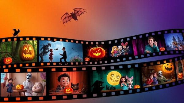 Collage of animated and live-action Halloween movies for kids.