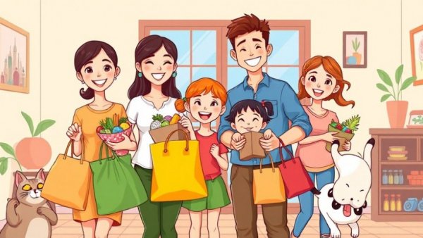 Illustration of a smiling family shopping together