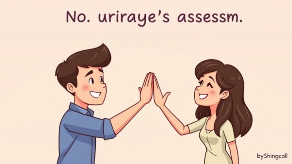 Whimsical illustrated couple high-fiving in marriage assessment ad.