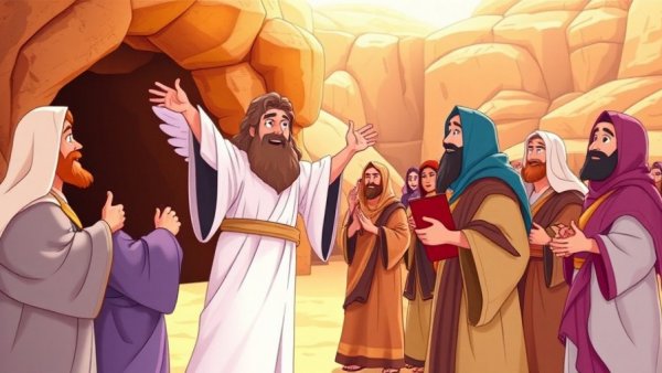 Cartoon scene of angel and women discovering the empty tomb, Bible verses for grandchildren