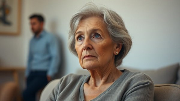 Pensive woman thinking about marriage restoration with blurred man in background.