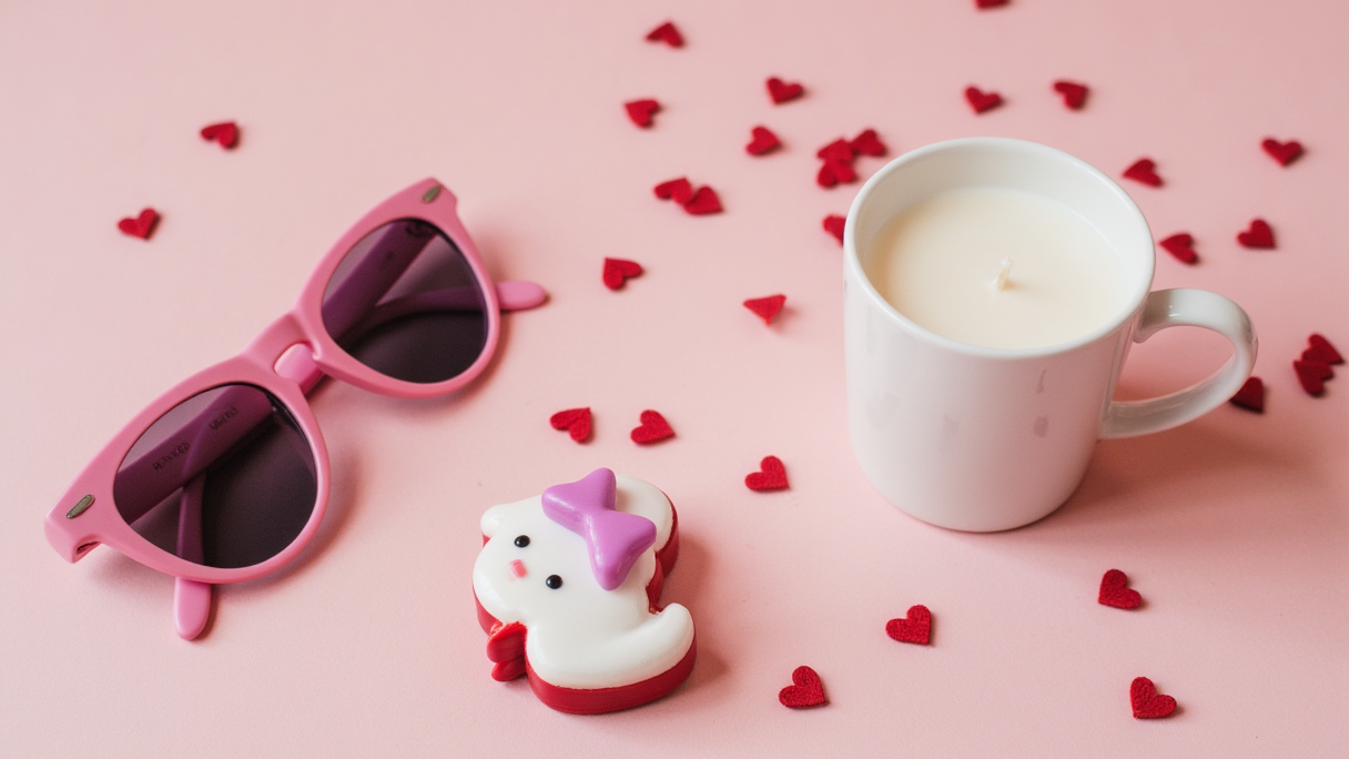 Trendy Valentine's Day gifts for teens with colorful sunglasses, journal, and chocolate on heart background.