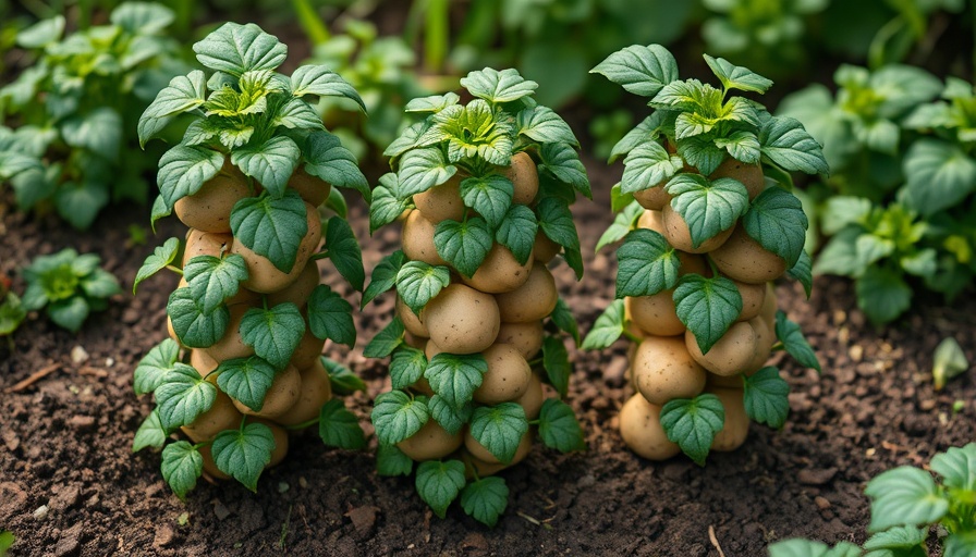 Lush potato towers with green plants in a garden setting.