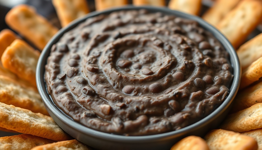 Textured black bean dip with breadsticks on dark cloth.