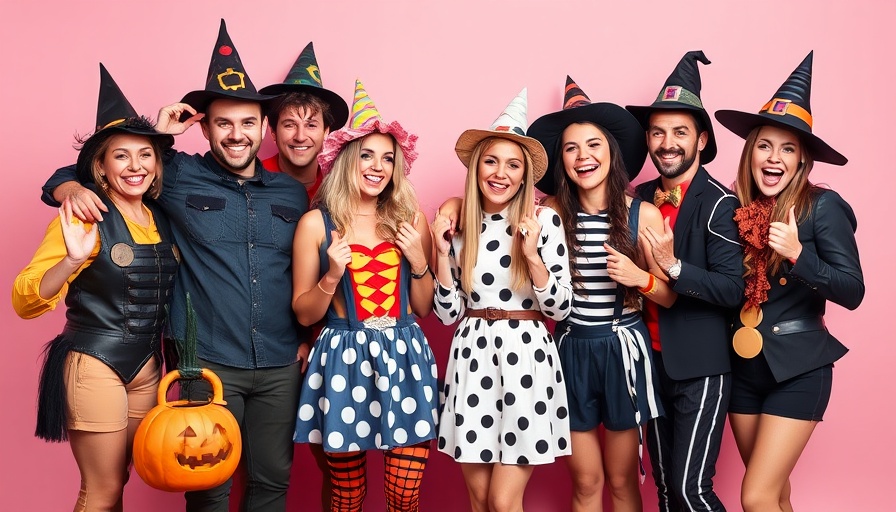 Group posing in punny Halloween costumes, playful expressions.