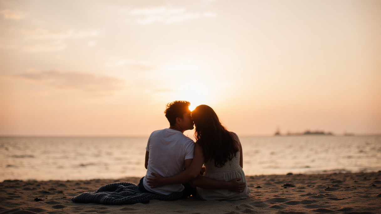 Romantic sunset beach couple embracing, perfect for Unique Valentine's Day Ideas for Couples.