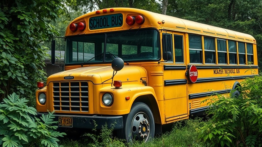 Photorealistic yellow school bus amid greenery; reflects struggle in firearms sales decline.