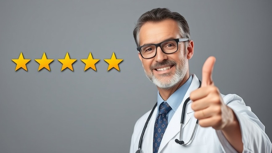 Doctor giving thumbs up with 5 stars for patient satisfaction in healthcare marketing strategies.