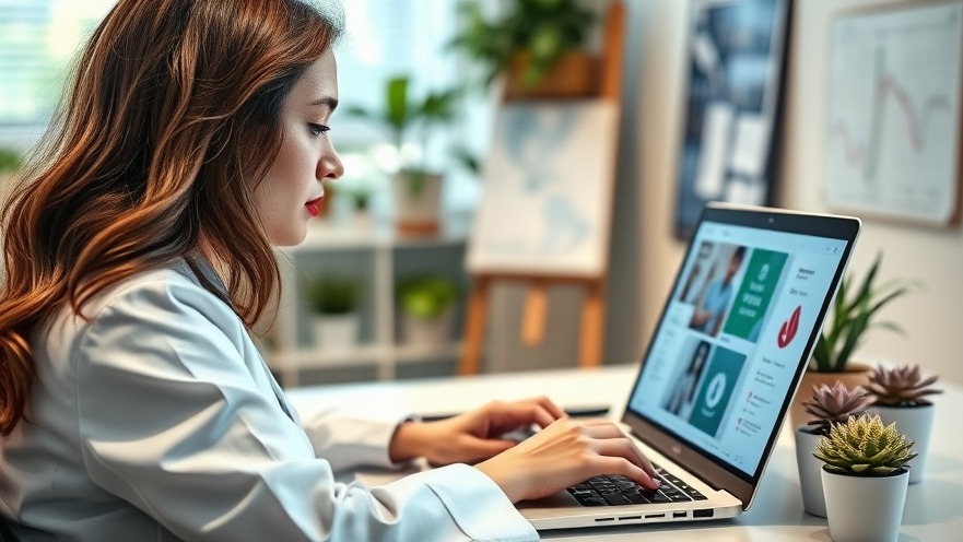 Focused female doctor reviewing healthcare data and PPC advertising on laptop.
