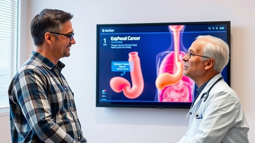 Doctor discusses esophageal cancer symptoms with patient, featuring esophagus illustration.